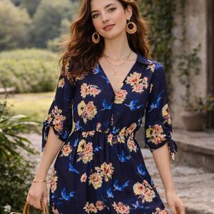 Love Navy Dress Pink Floral & Blue Bird Print M